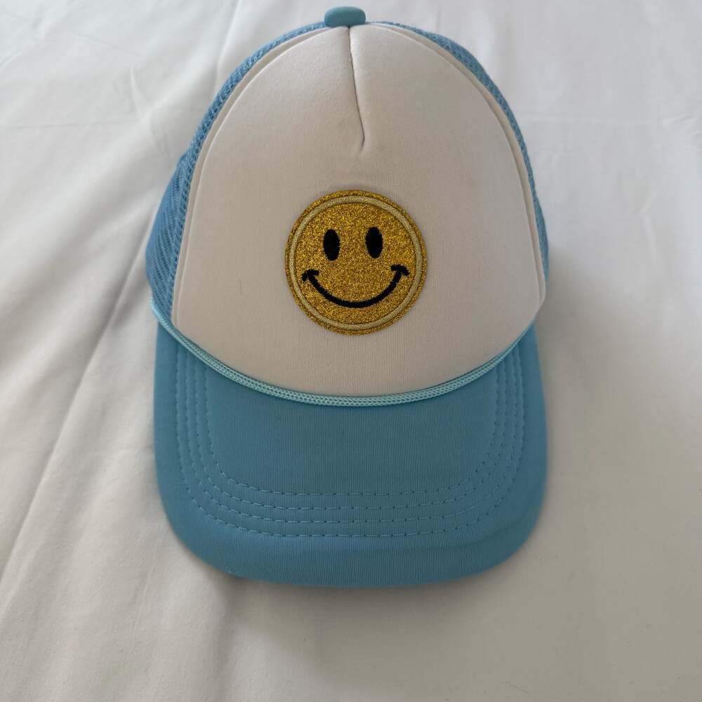 Smiling Emoticon - White/Light Blue Trucker Hat SnapBack